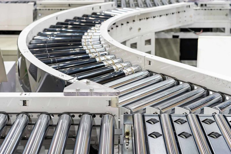 Roletes de um transportador industrial em curva